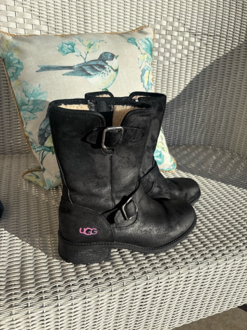 UGG Black Suede Buckle Mid-Calf Shearling Boots